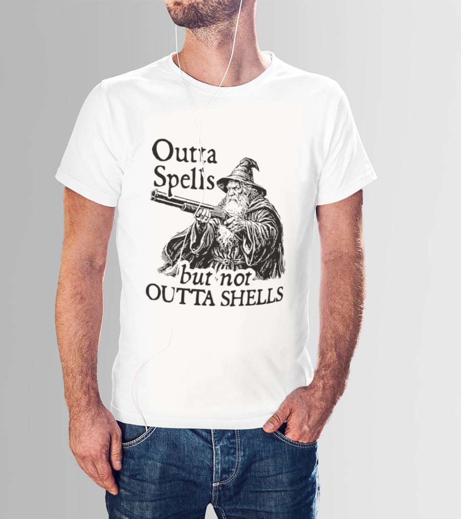 Outta Spells But Not Outta Shells Wizard With Shotgun T-Shirt