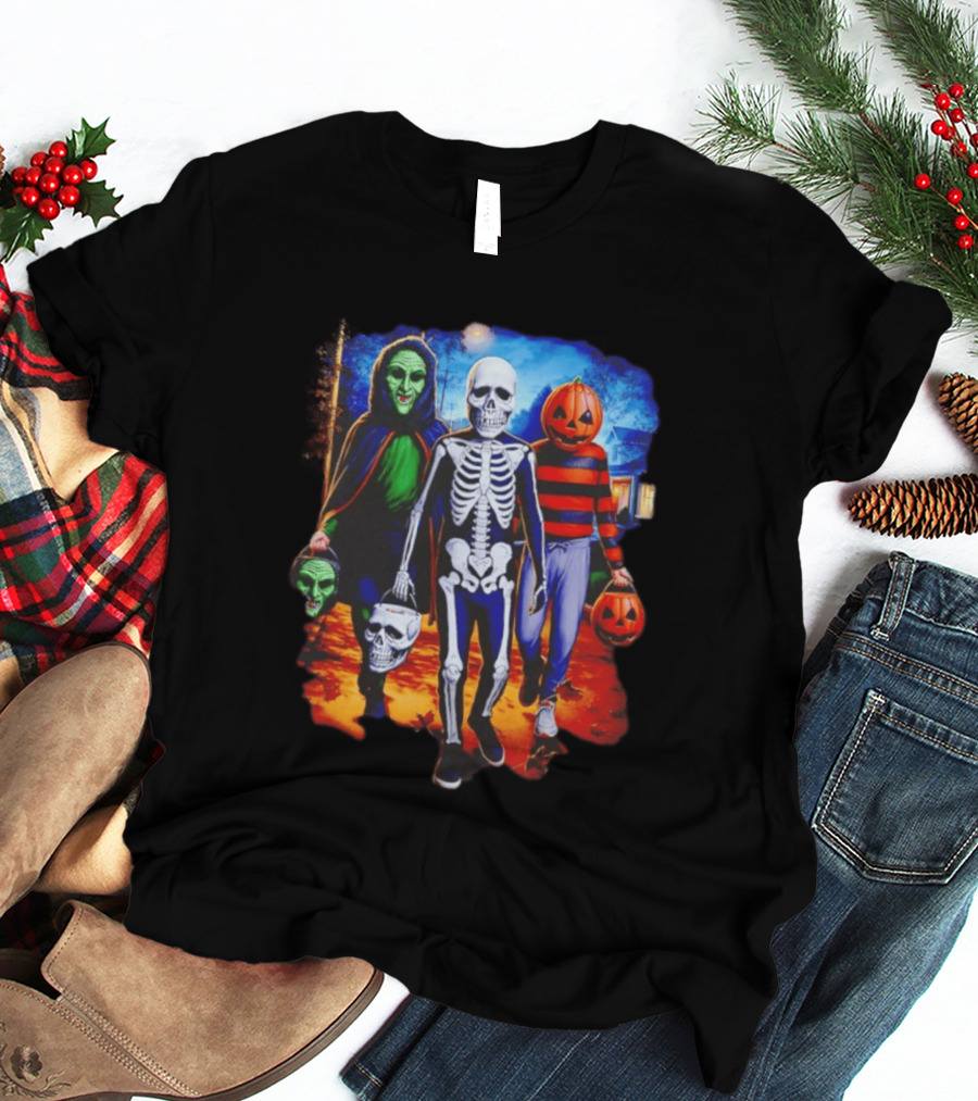 2026 Halloween Trick Or Treat Trio Skeleton Witch Pumpkin Night T-Shirt