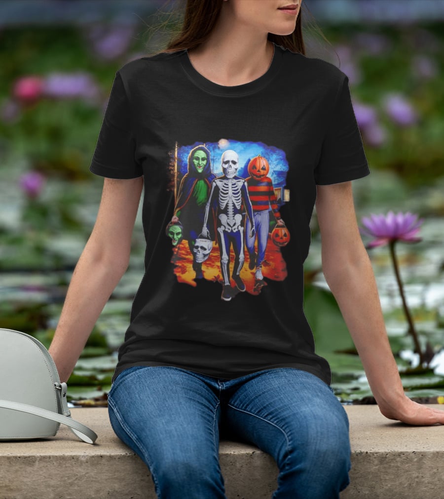2026 Halloween Trick Or Treat Trio Skeleton Witch Pumpkin Night T-Shirt