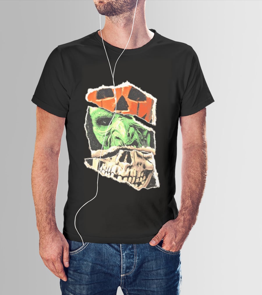 Halloween Trio Three Masks Horror Season Of The Witch Pumpkin Skull Green Mask T-Shirt