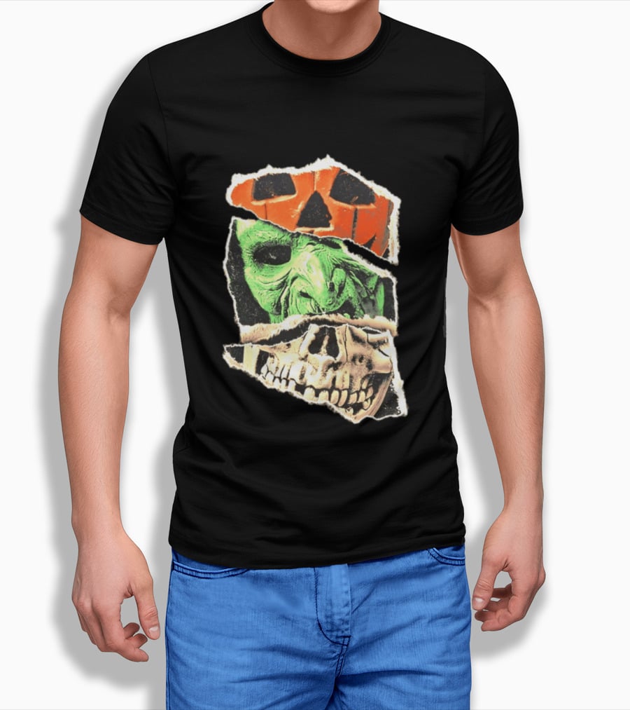 Halloween Trio Three Masks Horror Season Of The Witch Pumpkin Skull Green Mask T-Shirt