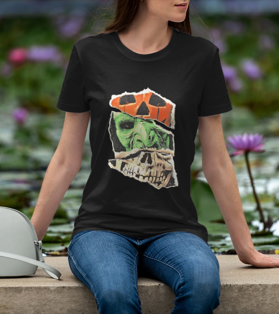 Halloween Trio Three Masks Horror Season Of The Witch Pumpkin Skull Green Mask T-Shirt