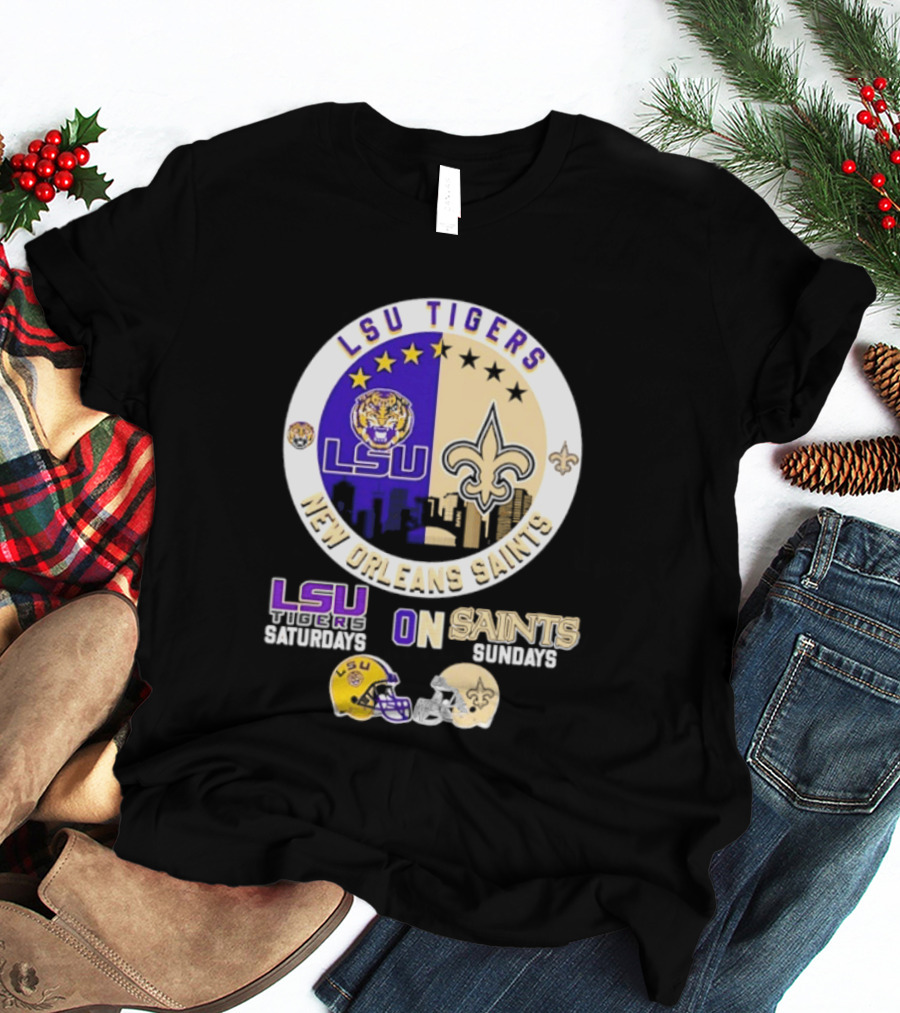 LSU Tigers New Orleans Saints Skyline Helmet Celebration Saturdays Sundays T-Shirt