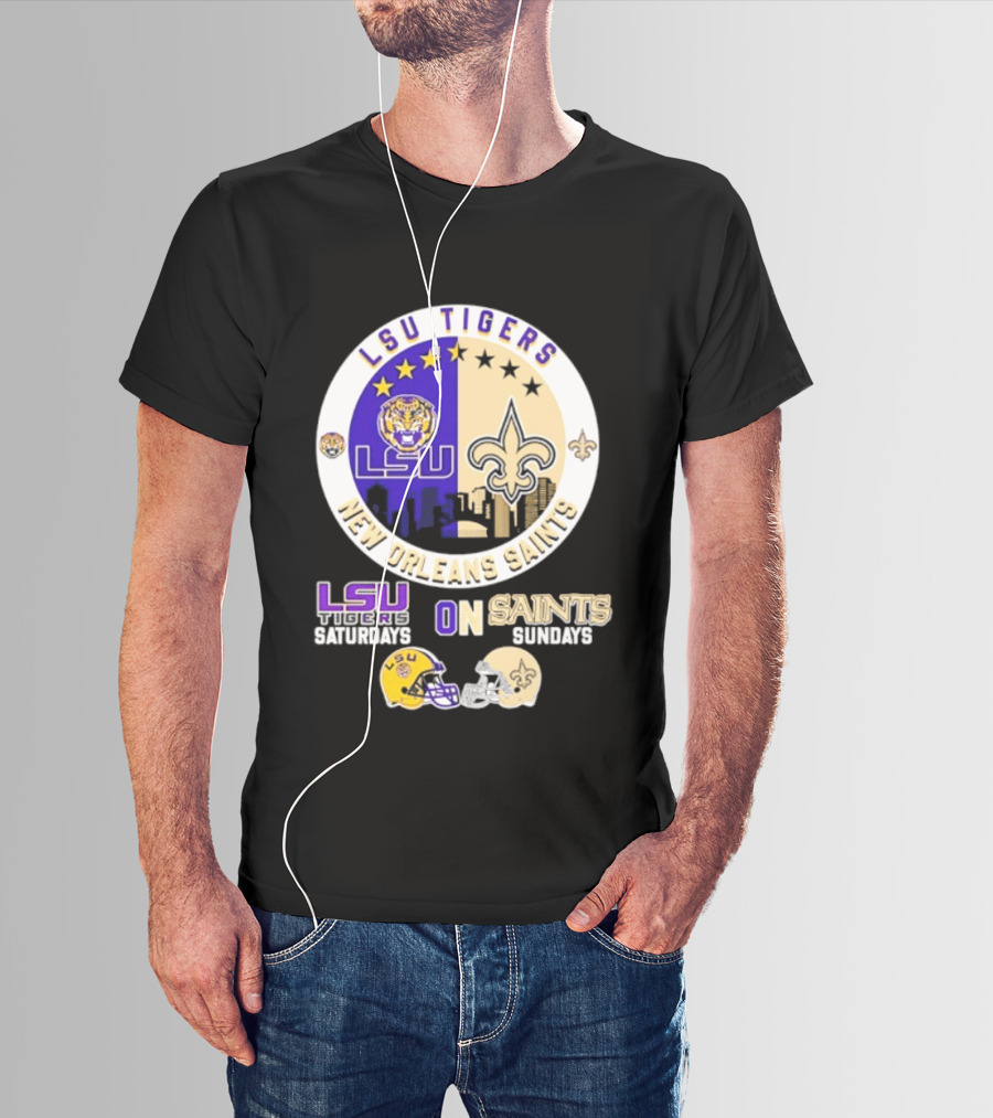 LSU Tigers New Orleans Saints Skyline Helmet Celebration Saturdays Sundays T-Shirt