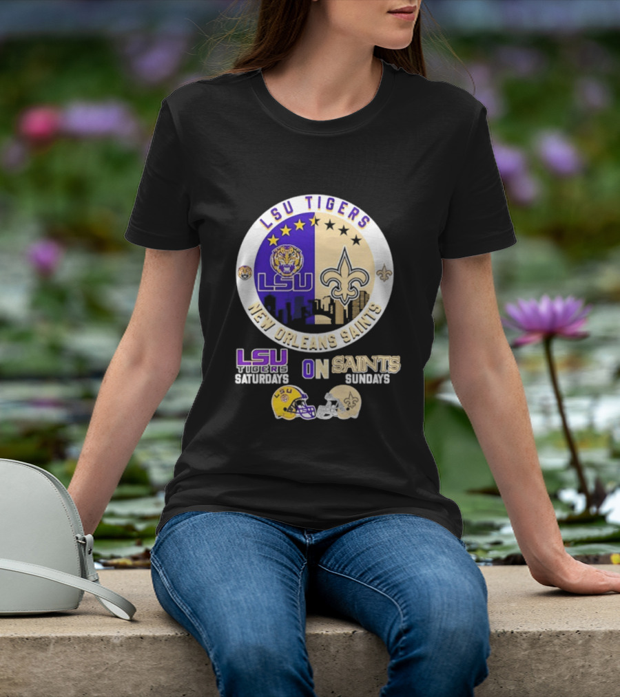 LSU Tigers New Orleans Saints Skyline Helmet Celebration Saturdays Sundays T-Shirt