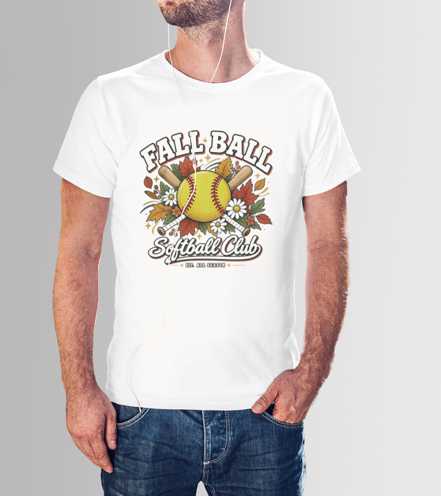 Fall Ball Softball Club Established All Season Autumn Leaves And Bats T-Shirt