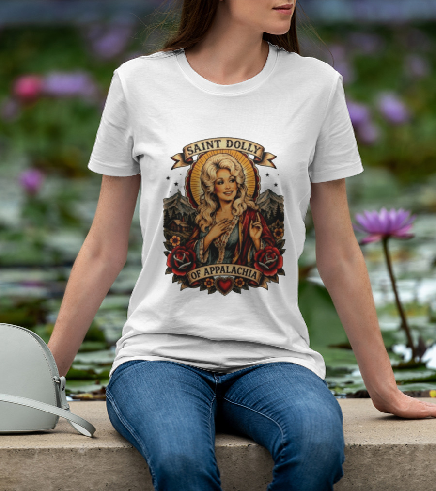 Saint Dolly Of Appalachia Iconic Tribute With Roses And Mountains T-Shirt