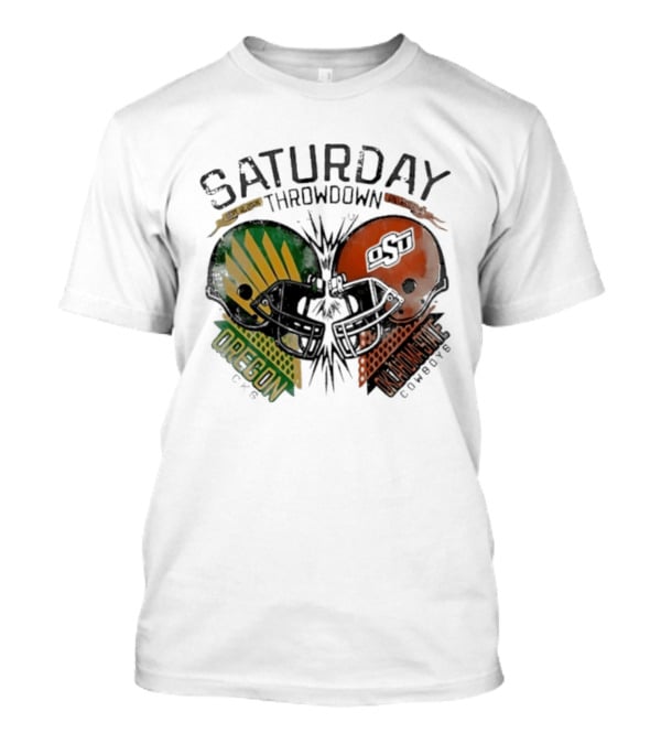 Oklahoma State Vs Oregon Saturday Throwdown 2026 Helmet Clash T-Shirt