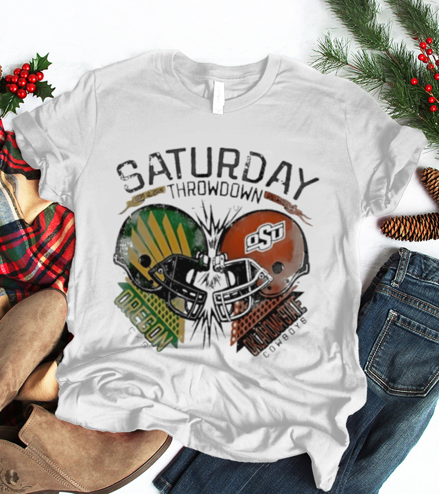 Oklahoma State Vs Oregon Saturday Throwdown 2026 Helmet Clash T-Shirt
