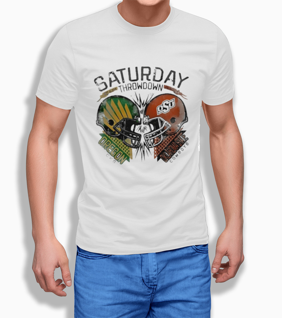 Oklahoma State Vs Oregon Saturday Throwdown 2026 Helmet Clash T-Shirt