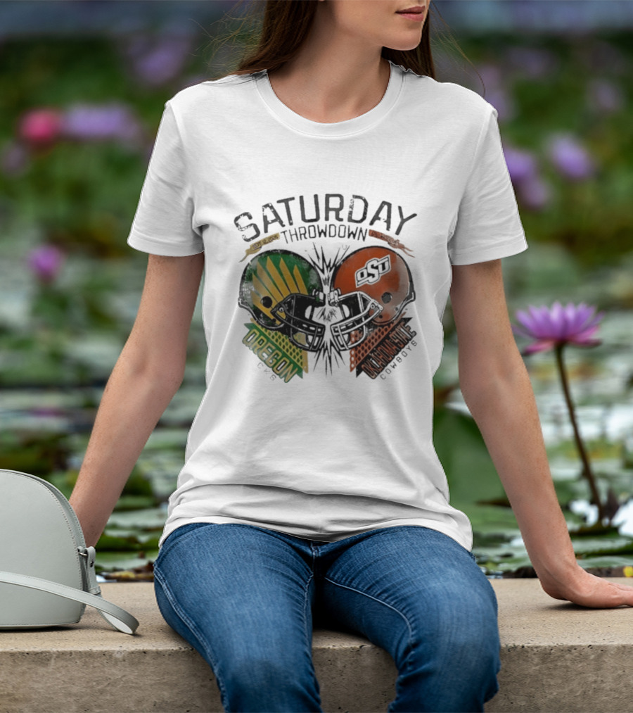 Oklahoma State Vs Oregon Saturday Throwdown 2026 Helmet Clash T-Shirt
