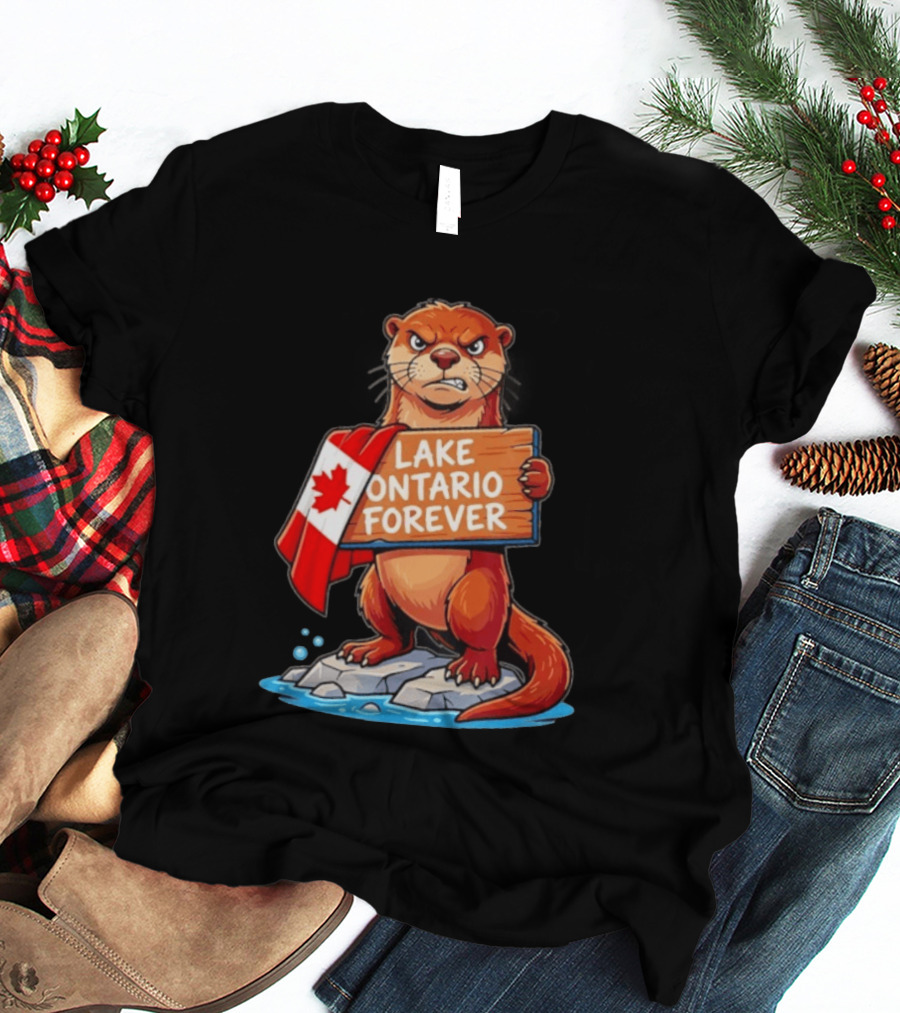 Lake Ontario Forever Otter Canada Flag Rugged Rock Scene T-Shirt