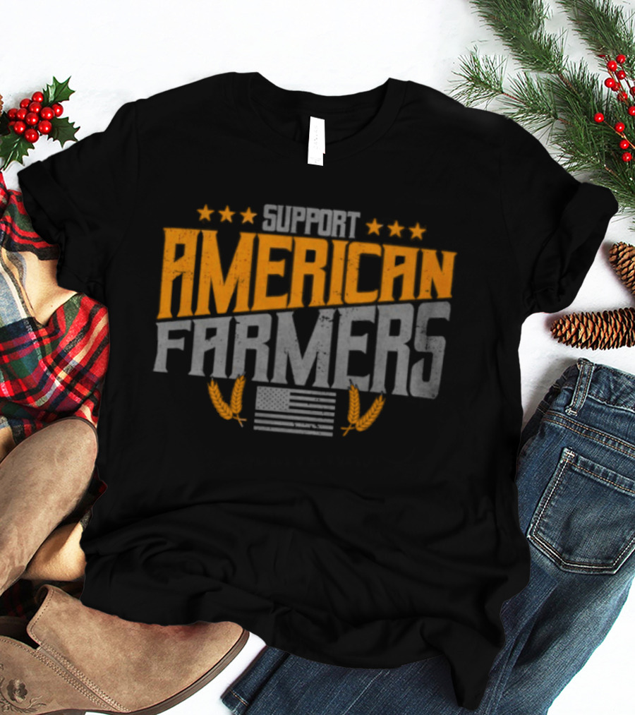 Support American Farmers Onyx Flag Stars And Tractor Wheels T-Shirt