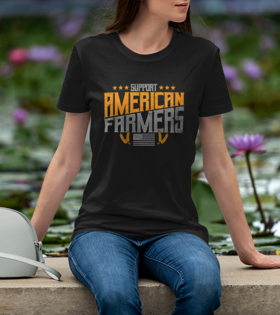 Support American Farmers Onyx Flag Stars And Tractor Wheels T-Shirt