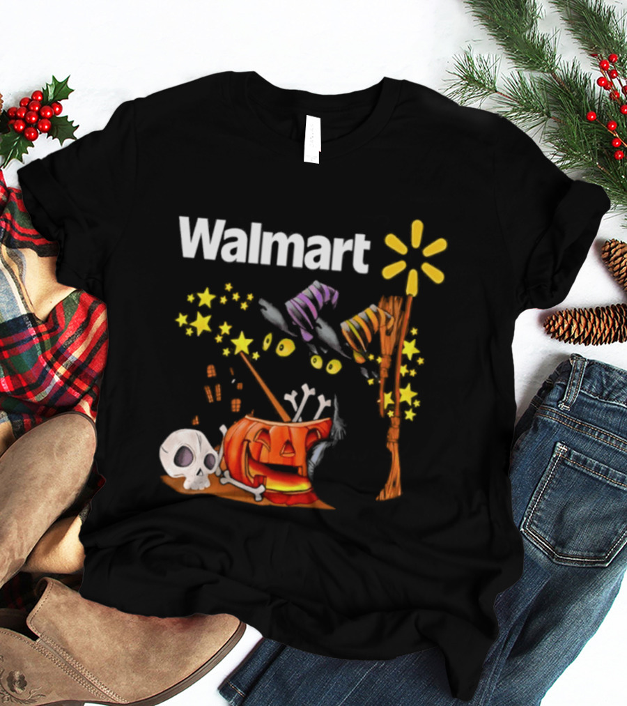 Walmart Halloween 2026 Black Cats With Witch Hats Pumpkin Skull And Stars T-Shirt