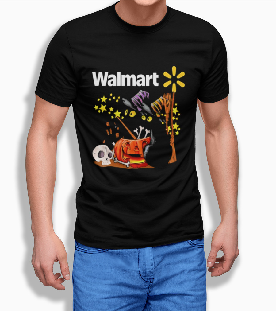 Walmart Halloween 2026 Black Cats With Witch Hats Pumpkin Skull And Stars T-Shirt