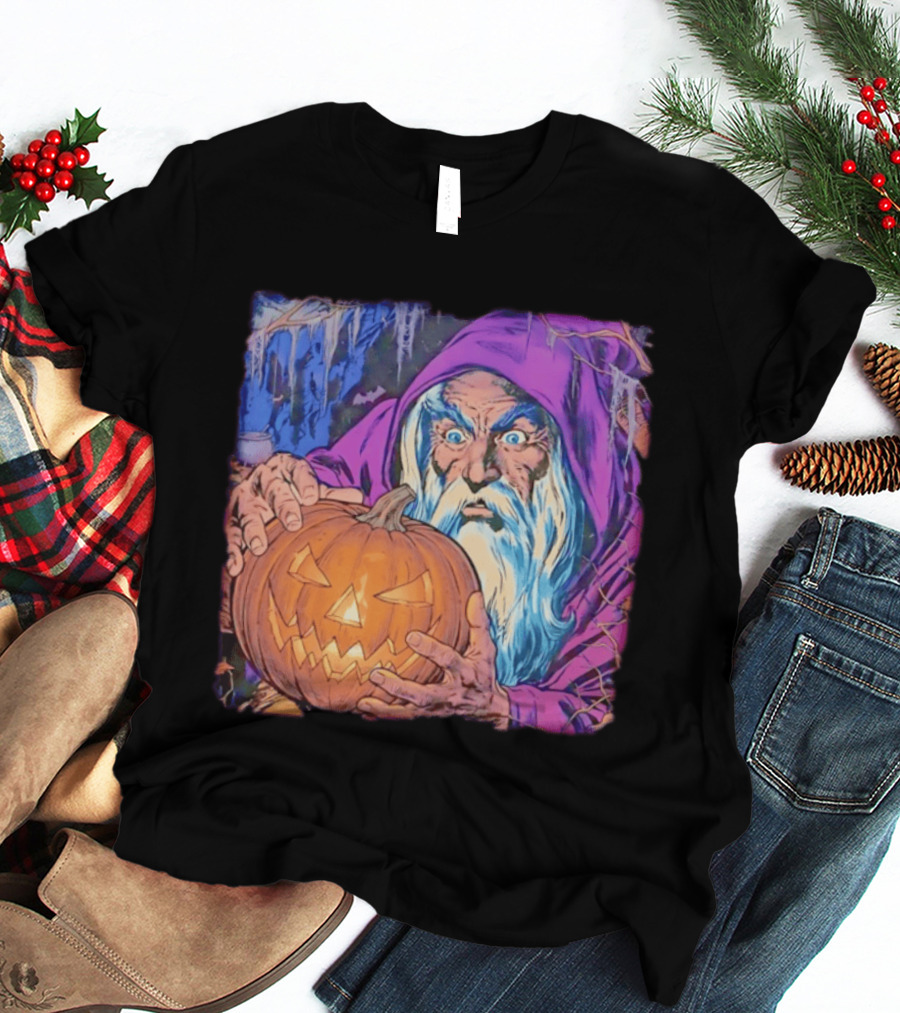 Pondering The Pumpkin Halloween Wizard With Jack O' Lantern 2026 T-Shirt