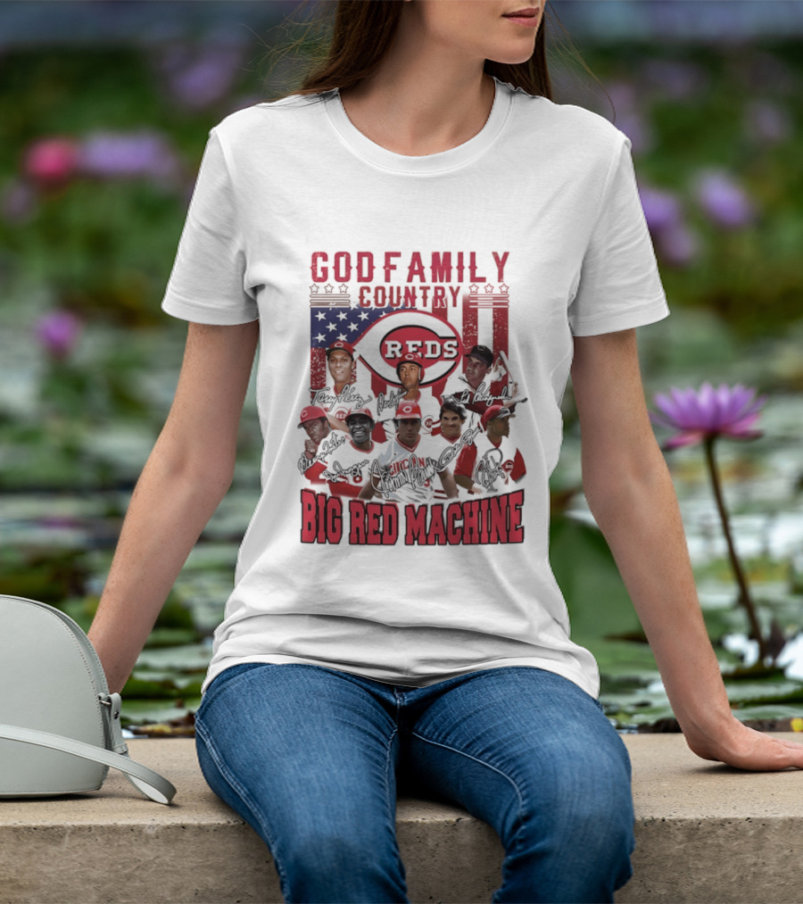 Cincinnati Reds God Family Country Big Red Machine Reds Signatures T-Shirt