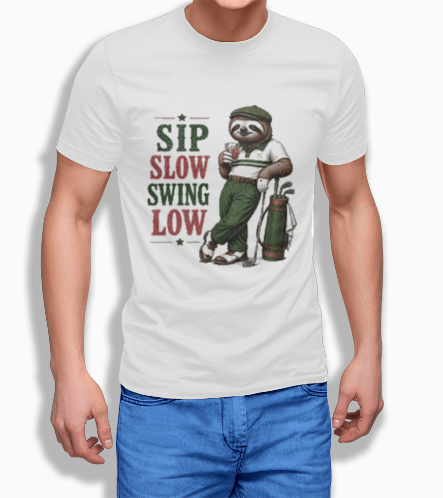 Sip Slow Swing Low Sloth Golfer Drinking Relaxed Golf T-Shirt