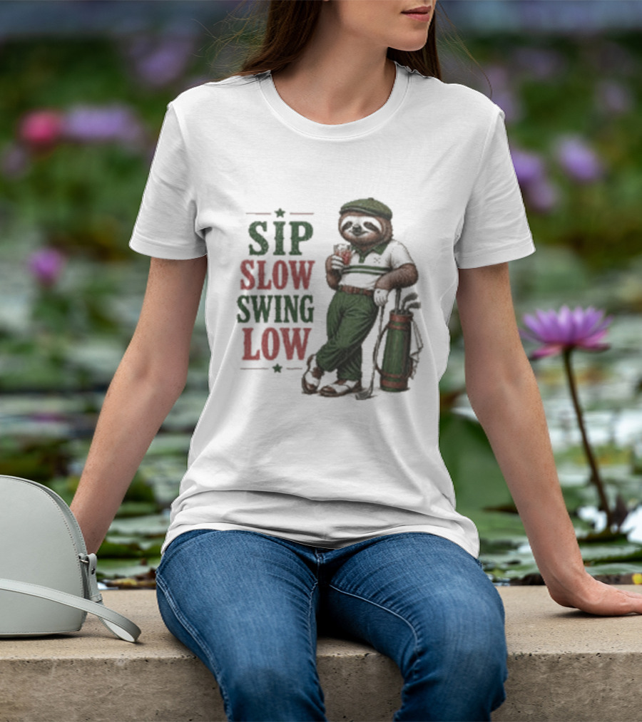 Sip Slow Swing Low Sloth Golfer Drinking Relaxed Golf T-Shirt