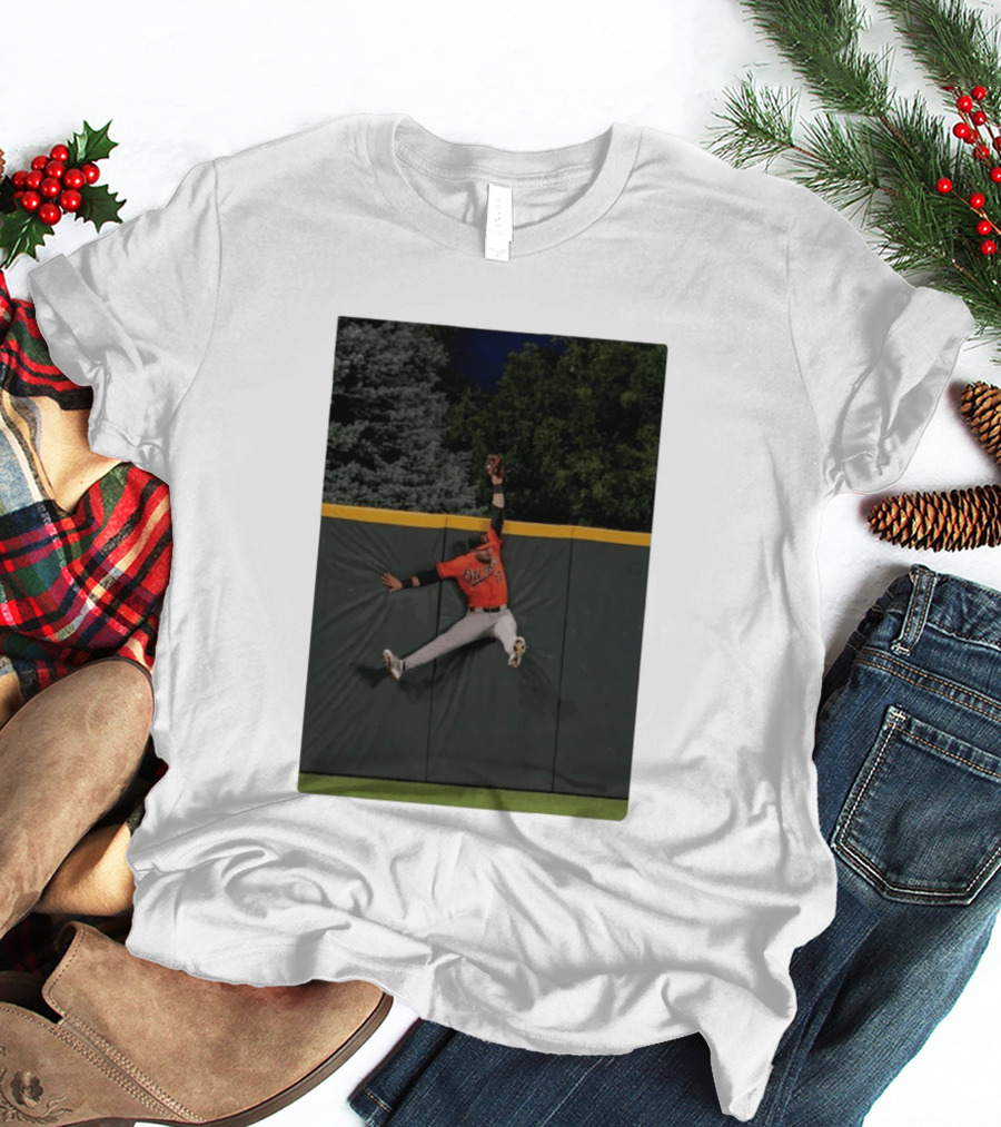Colton Cowser Catch At Wall Wearing Red O's Jersey In Field Action T-Shirt