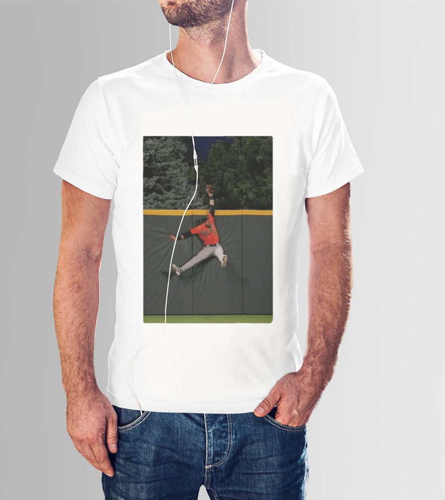 Colton Cowser Catch At Wall Wearing Red O's Jersey In Field Action T-Shirt