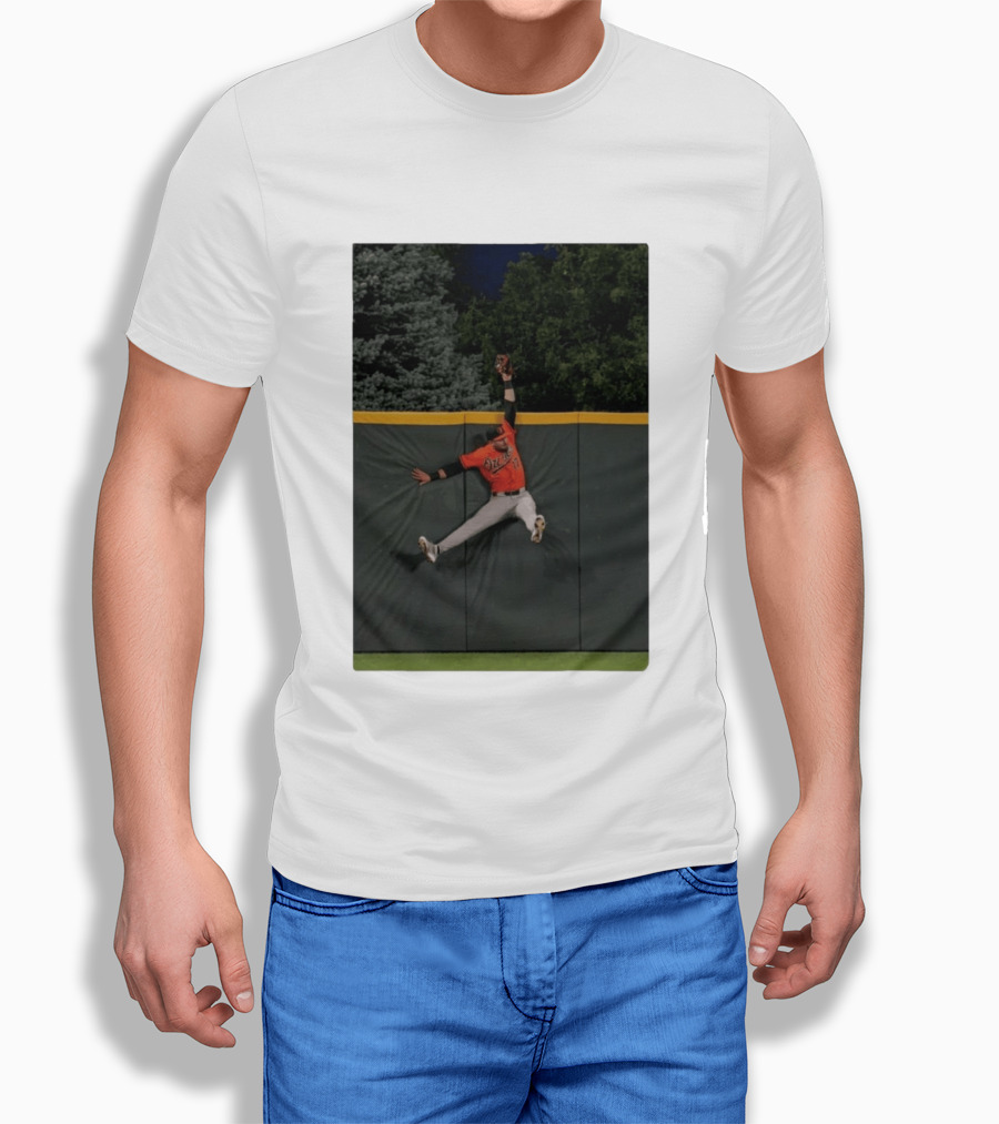 Colton Cowser Catch At Wall Wearing Red O's Jersey In Field Action T-Shirt