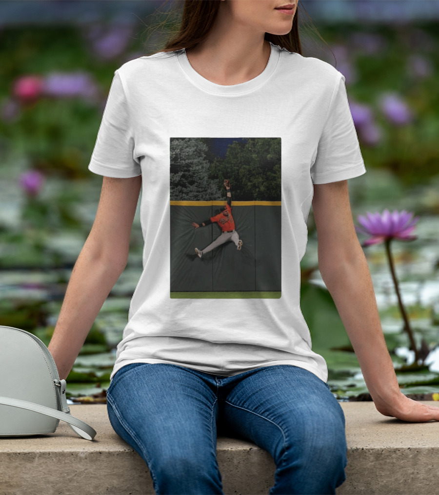 Colton Cowser Catch At Wall Wearing Red O's Jersey In Field Action T-Shirt