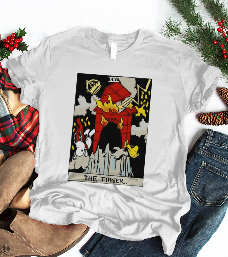 Snoopy The Tower Tarot Card XVII Lightning Flames Clouds Woodstock T-Shirt