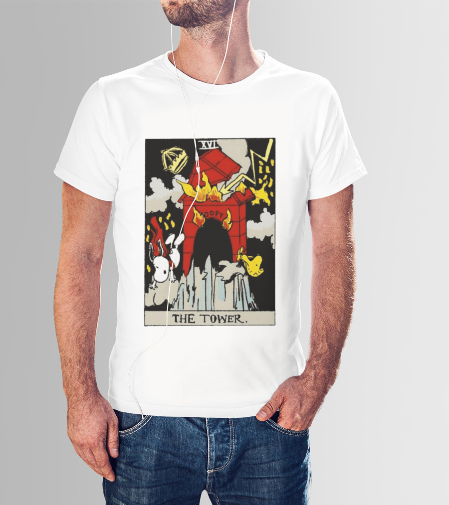 Snoopy The Tower Tarot Card XVII Lightning Flames Clouds Woodstock T-Shirt