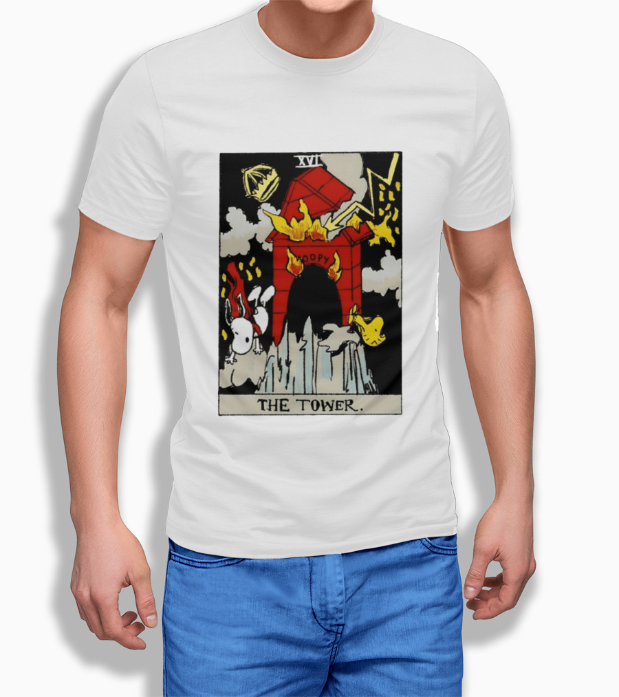 Snoopy The Tower Tarot Card XVII Lightning Flames Clouds Woodstock T-Shirt