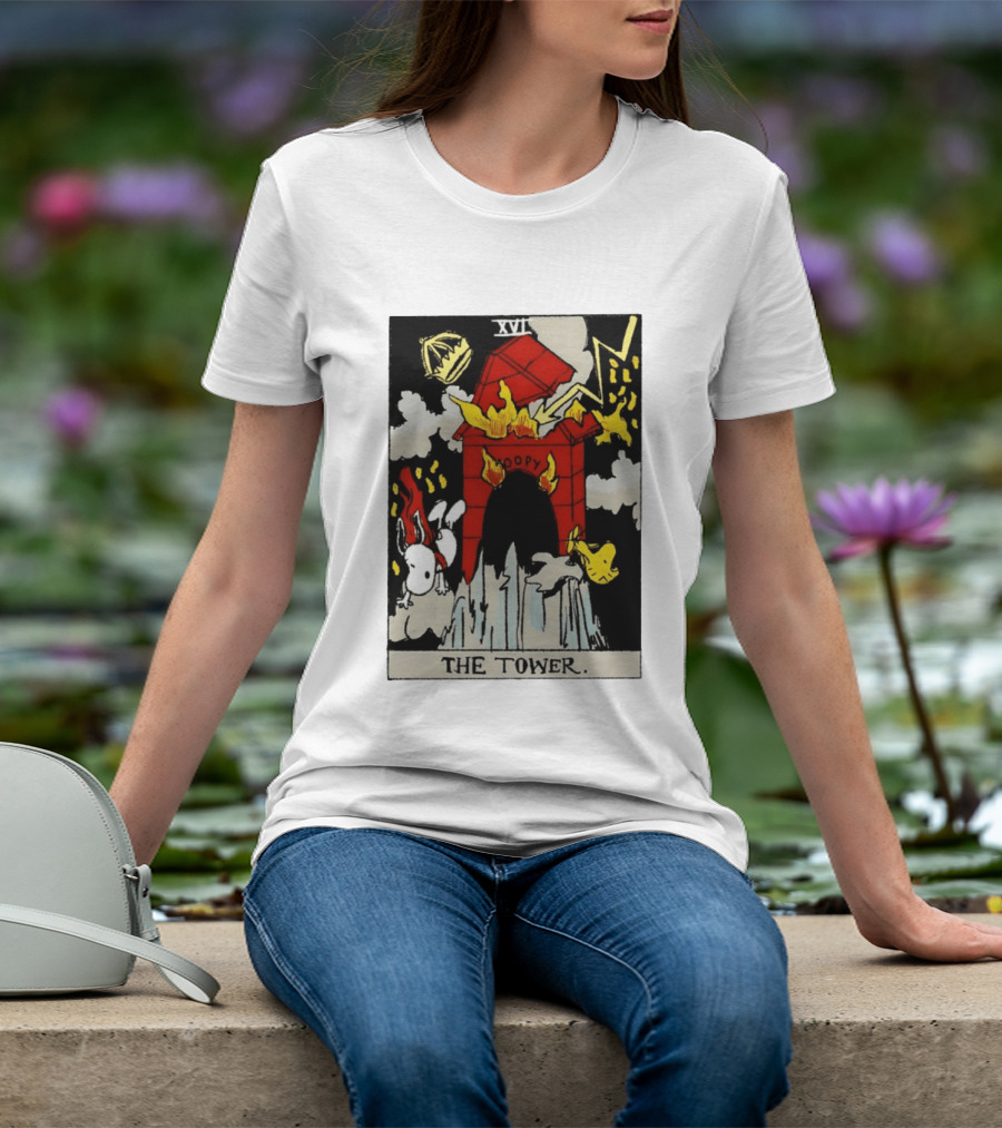 Snoopy The Tower Tarot Card XVII Lightning Flames Clouds Woodstock T-Shirt