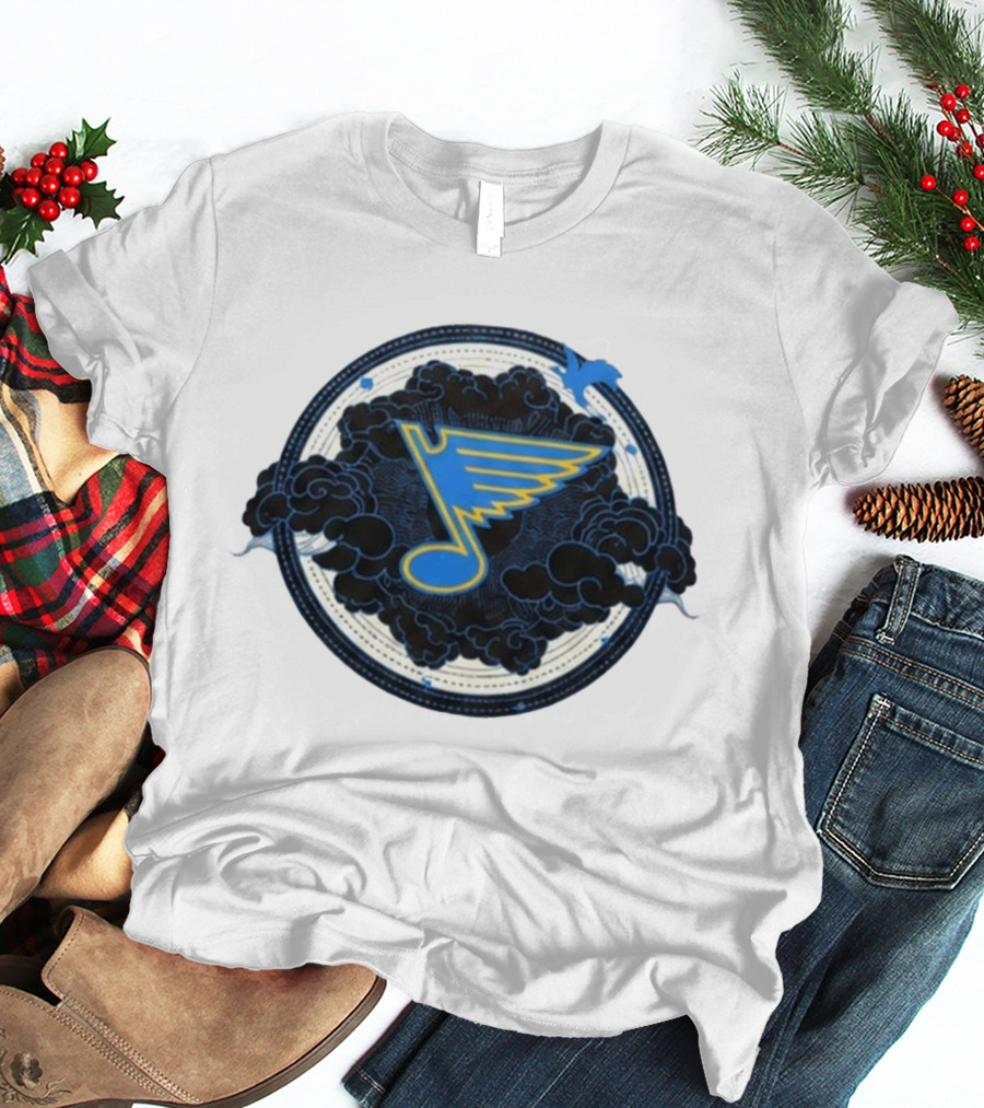 STL Blues Fourth Wing Night 2026 Circle Blue Emblem With Musical Note And Clouds T-Shirt