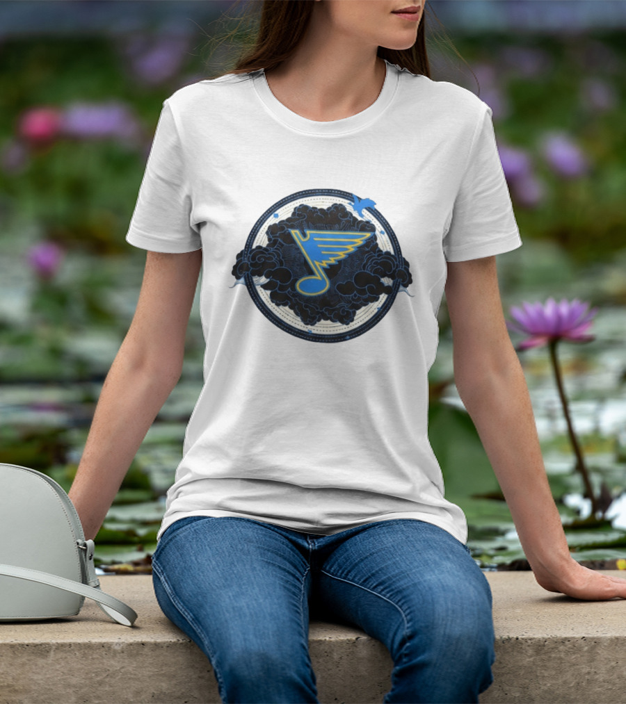 STL Blues Fourth Wing Night 2026 Circle Blue Emblem With Musical Note And Clouds T-Shirt