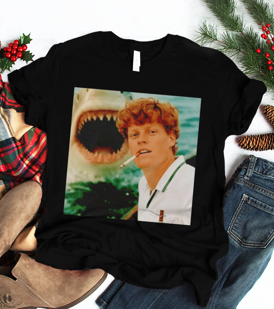 Jannik Sinner Smoking With Jaws Shark Behind T-Shirt