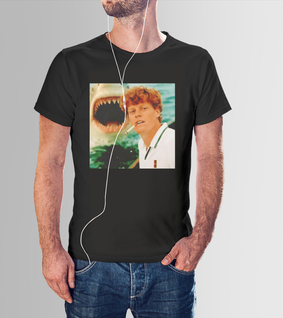 Jannik Sinner Smoking With Jaws Shark Behind T-Shirt
