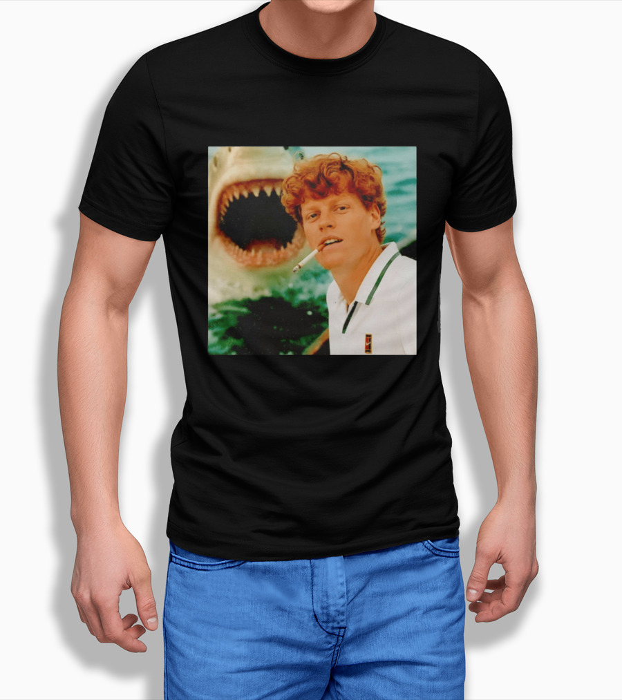 Jannik Sinner Smoking With Jaws Shark Behind T-Shirt