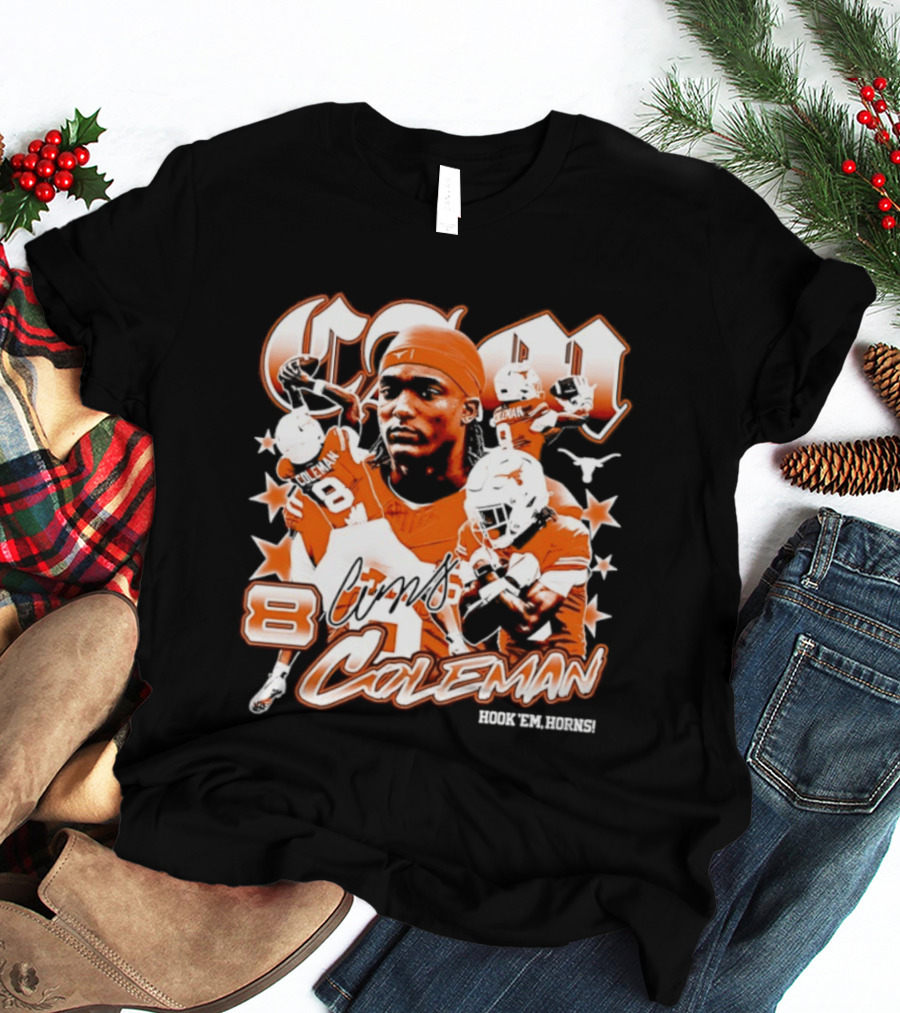 Cameron Coleman 8 Texas Longhorns NCAA Football Star Player Action T-Shirt