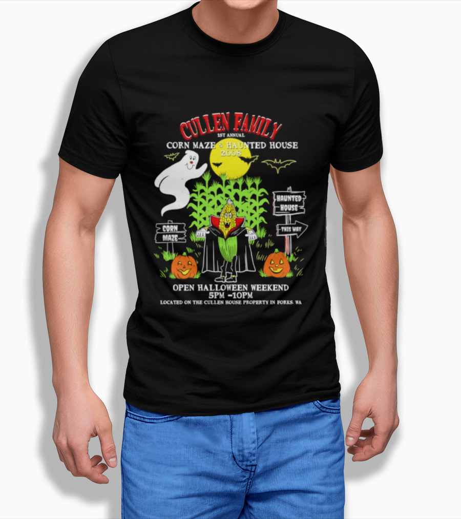 Cullen Family 1st Annual Corn Maze And Haunted House 2008 Halloween Weekend Event Promo With Ghosts And Pumpkins T-Shirt