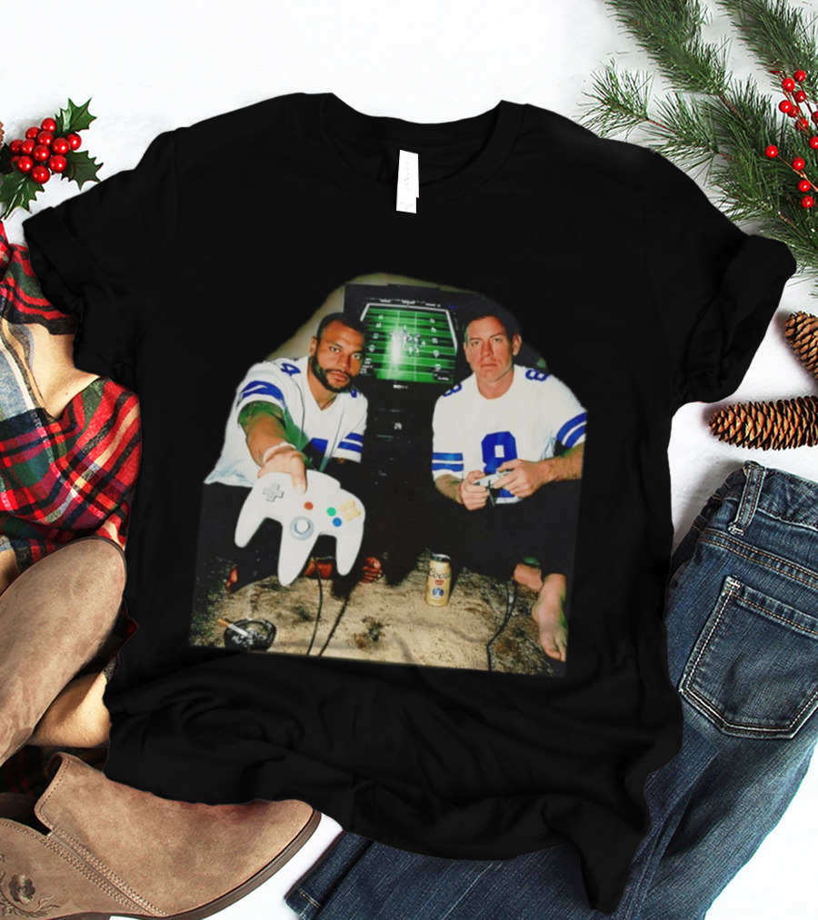 Dak Prescott Troy Aikman Dallas Cowboys Retro Gaming Session T-Shirt