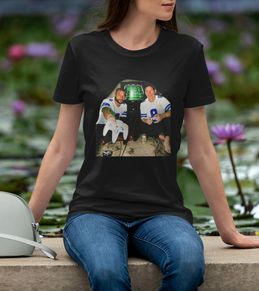 Dak Prescott Troy Aikman Dallas Cowboys Retro Gaming Session T-Shirt