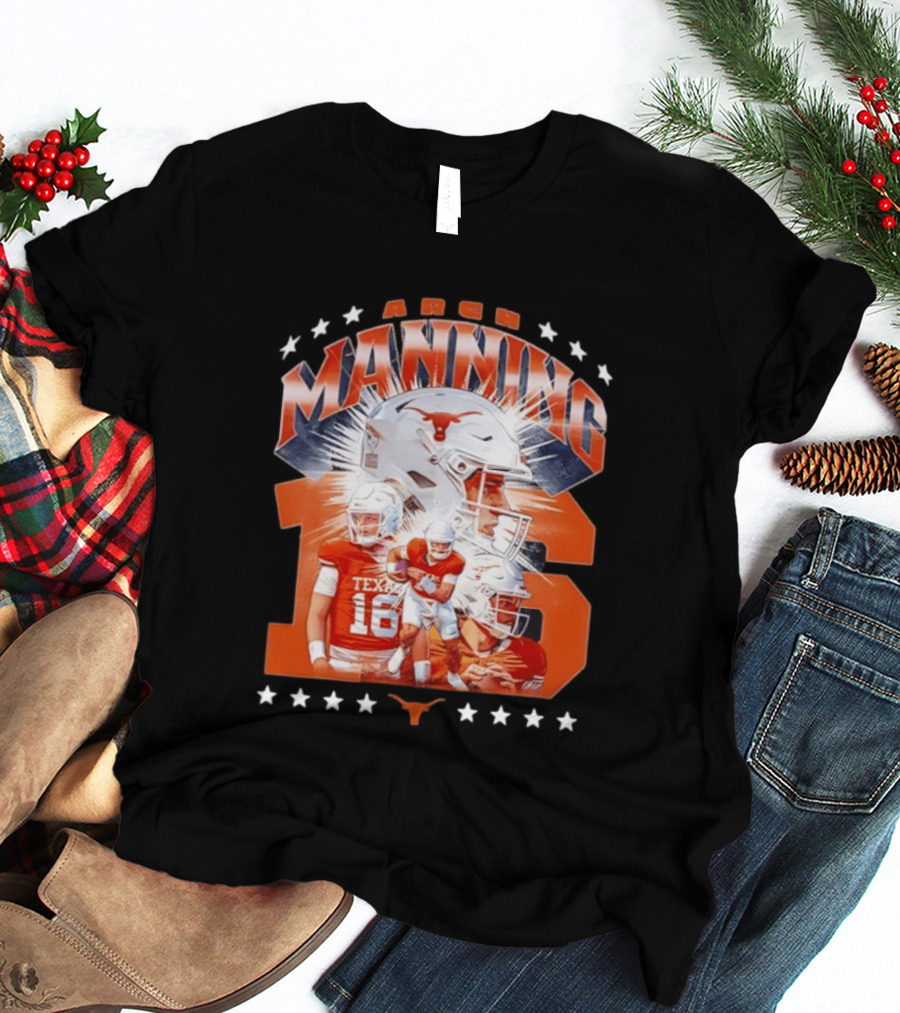 Texas Longhorns Arch Manning NCAA Football Collage Star Player Number 16 T-Shirt