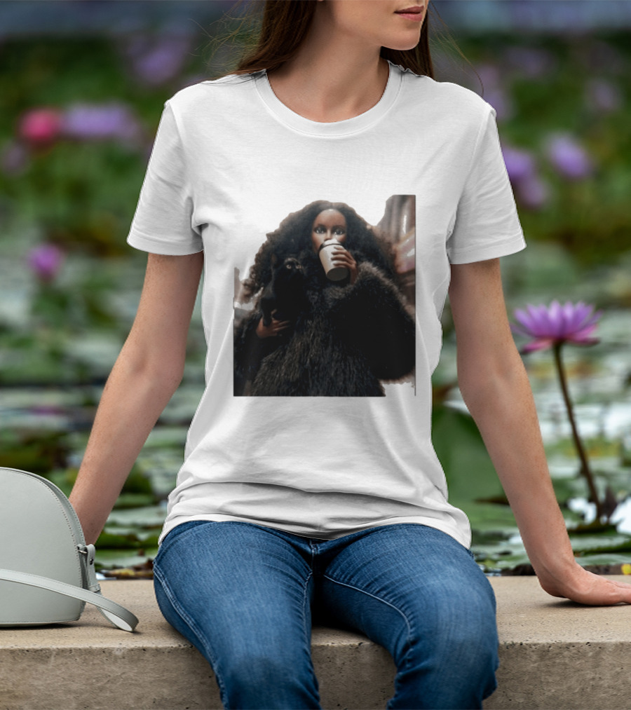 Diana's Cat Club Fashionable Coffee Moment With Furry Coat And Black Cat T-Shirt