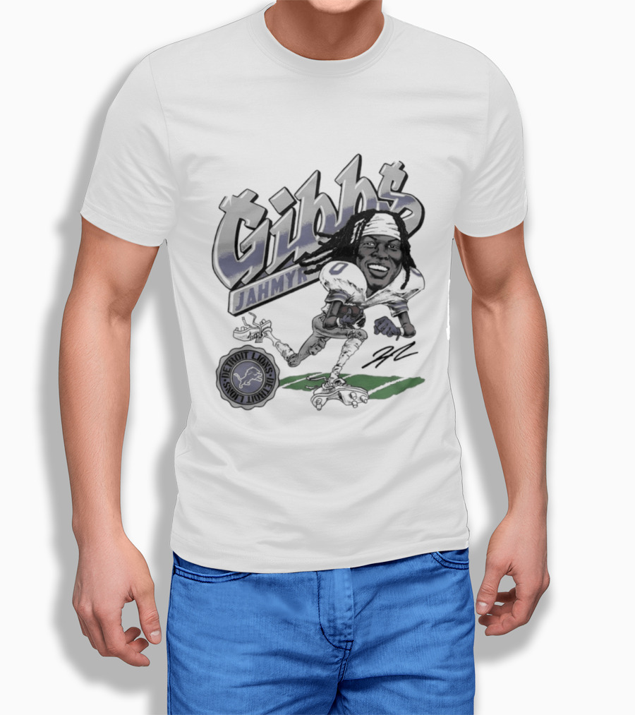 Jahmyr Gibbs Detroit Lions Football Caricature Gibbs Blue Jersey T-Shirt