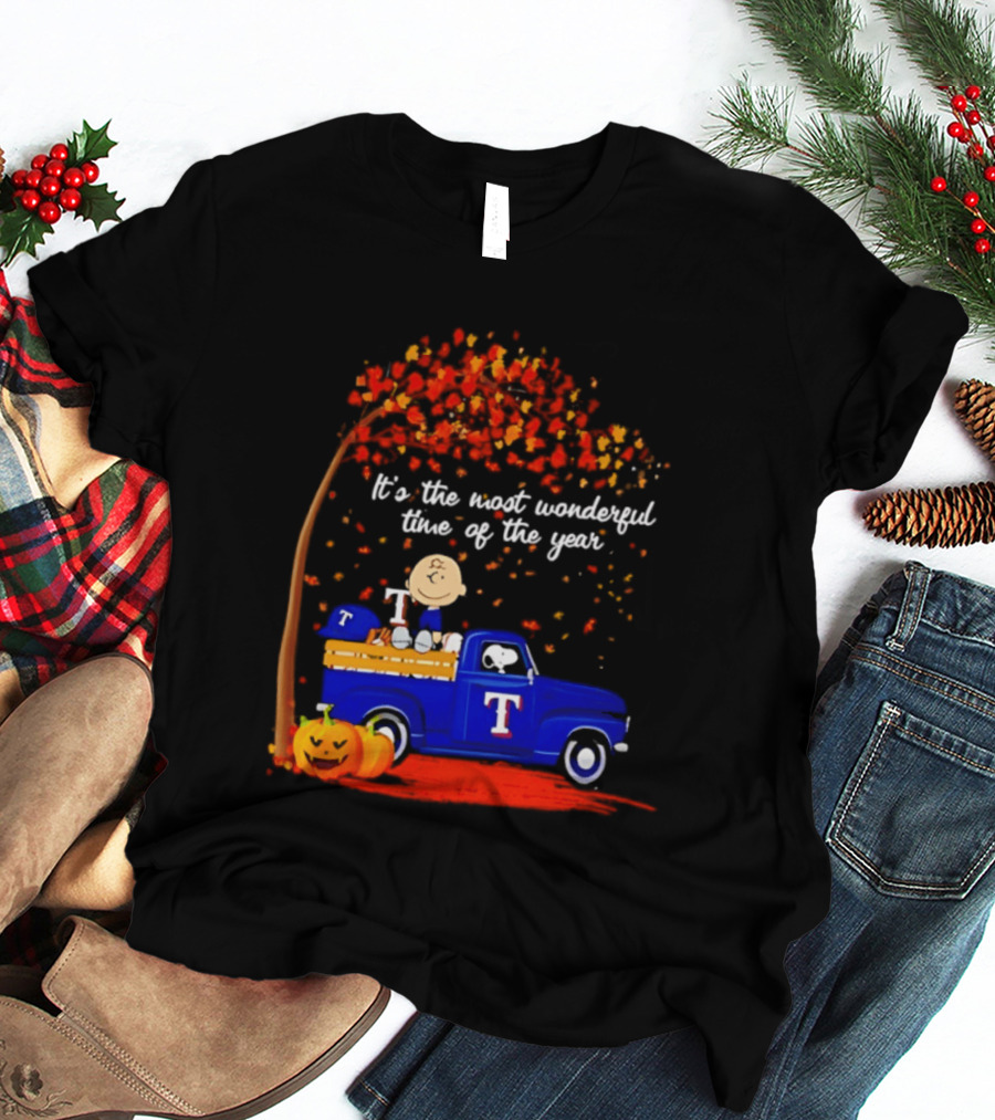 Snoopy Charlie Brown Texas Rangers Halloween 2026 It's The Most Wonderful Time Of The Year Truck Pumpkins T-Shirt
