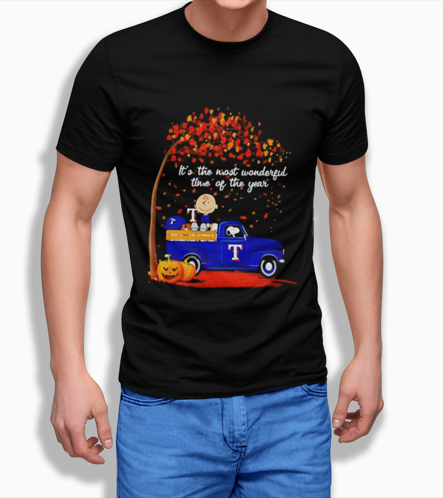 Snoopy Charlie Brown Texas Rangers Halloween 2026 It's The Most Wonderful Time Of The Year Truck Pumpkins T-Shirt