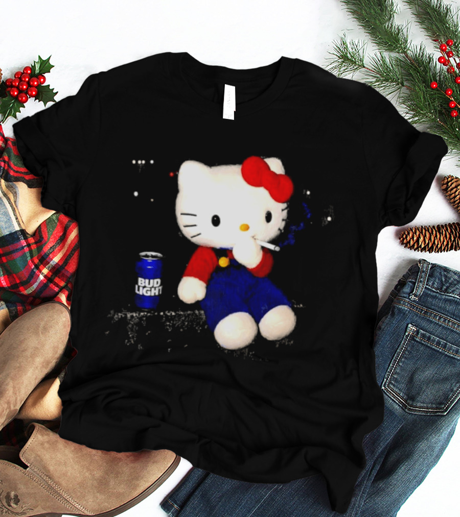 Hello Kitty With Smoking And Bud Light Can T-Shirt