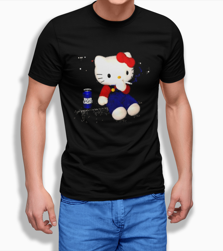 Hello Kitty With Smoking And Bud Light Can T-Shirt