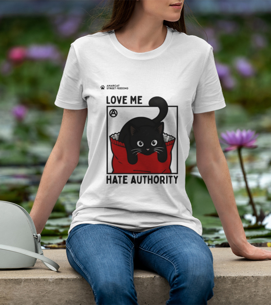 Anarcat Street Feeding Love Me Hate Authority Black Cat Red Bag T-Shirt