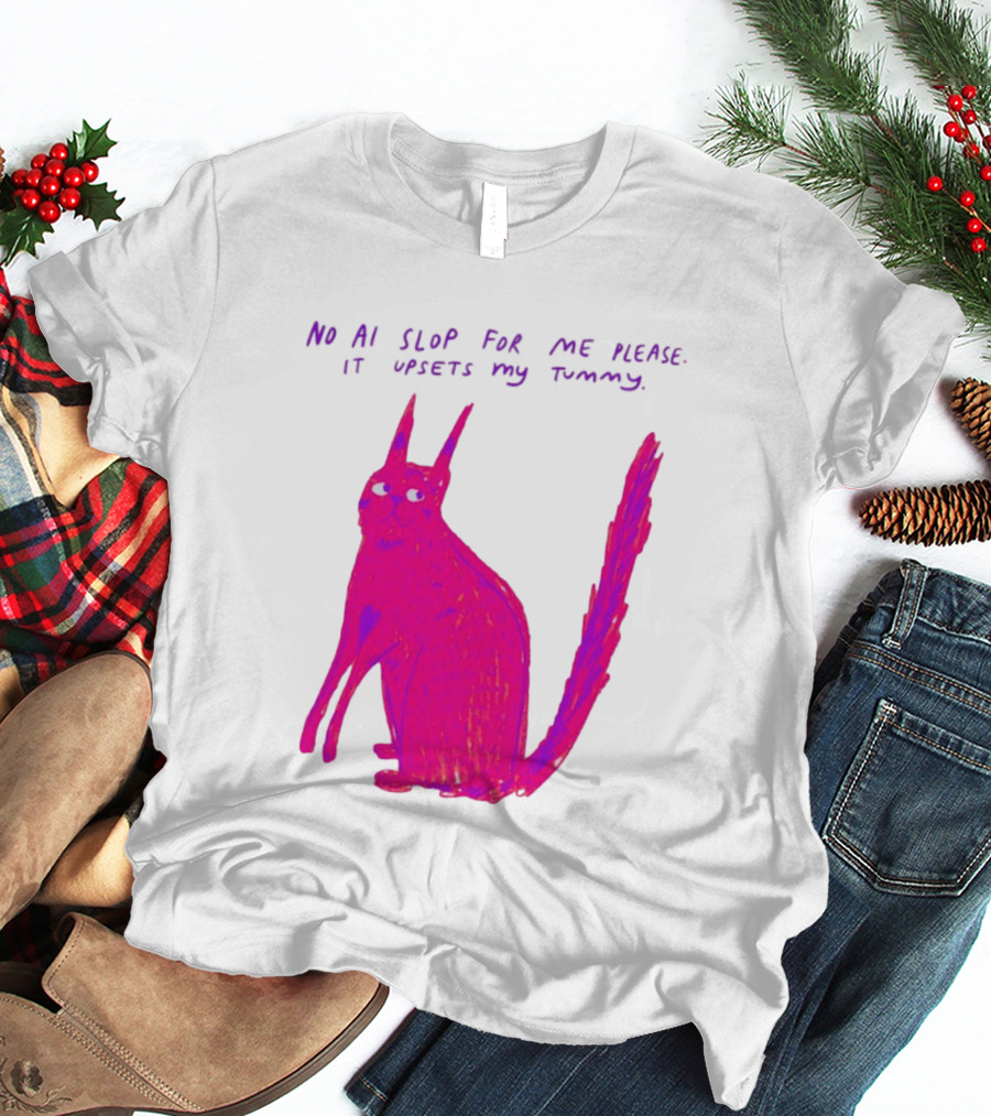 No AI Slop For Me Please It Upsets My Tummy Pink Cat T-Shirt